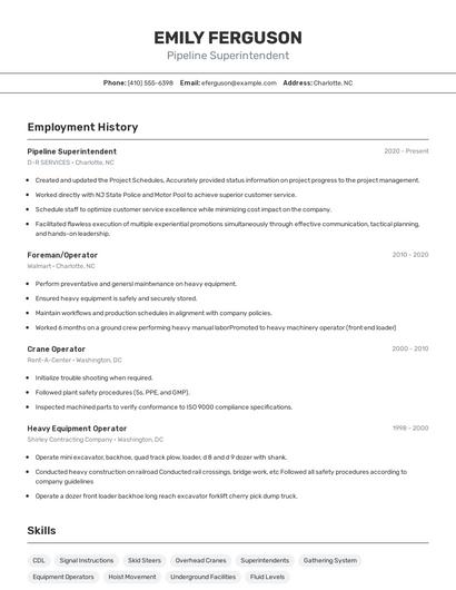 Pipeline Superintendent Resume