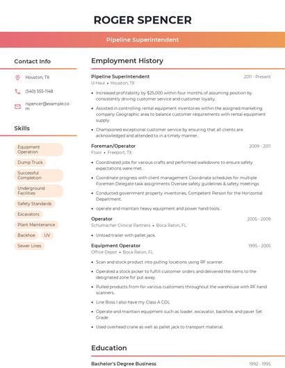 Pipeline Superintendent Resume