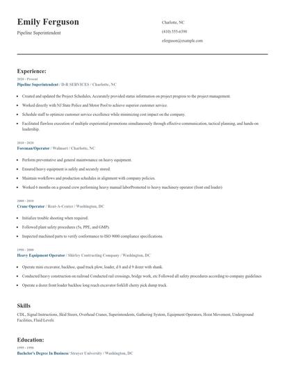 Pipeline Superintendent Resume