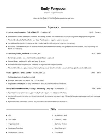 Pipeline Superintendent Resume