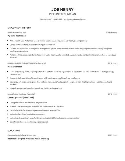 Pipeline Technician Resume