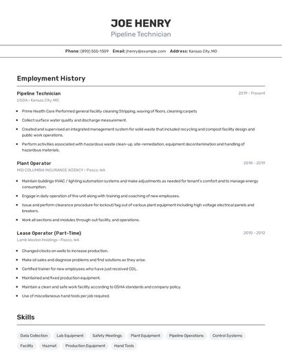 Pipeline Technician Resume