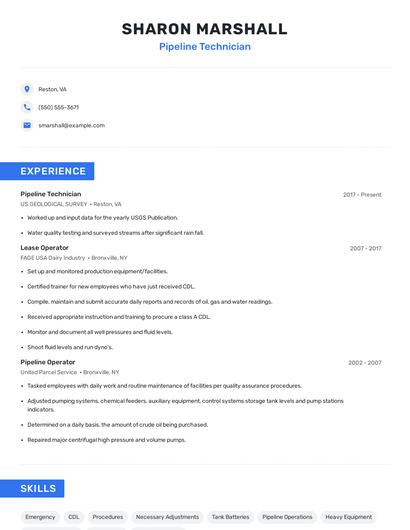 Pipeline Technician Resume