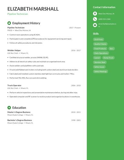 Pipeline Technician Resume