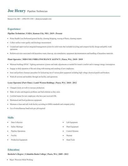 Pipeline Technician Resume