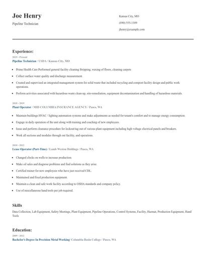 Pipeline Technician Resume