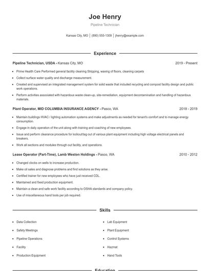 Pipeline Technician Resume