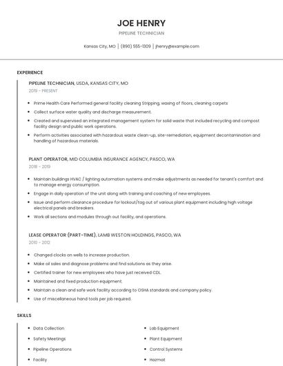 Pipeline Technician Resume