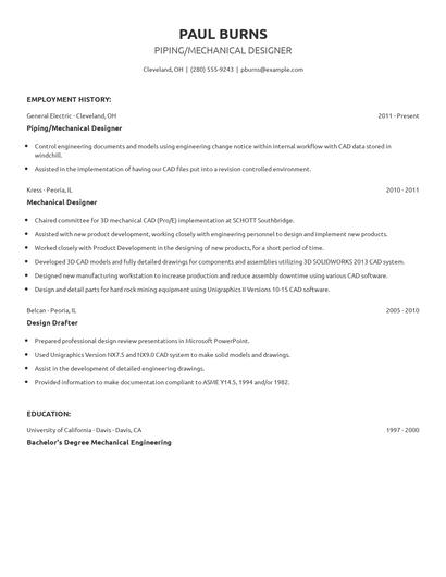 Piping/Mechanical Designer Resume