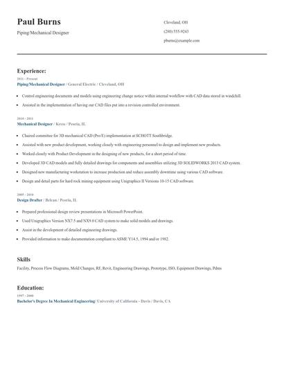 Piping/Mechanical Designer Resume
