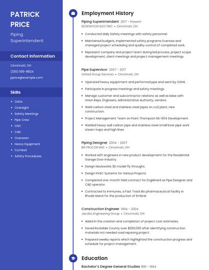 Piping Superintendent Resume