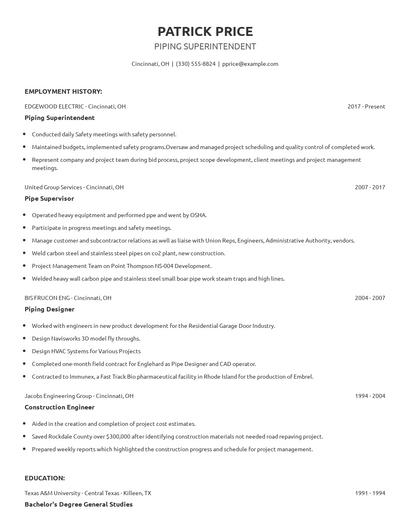 Piping Superintendent Resume