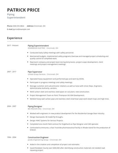 Piping Superintendent Resume