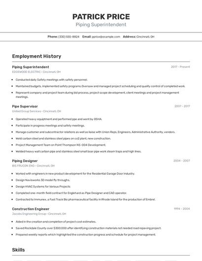 Piping Superintendent Resume