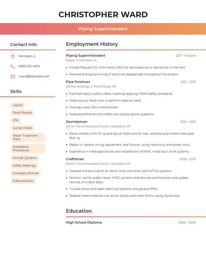 Piping Superintendent Resume