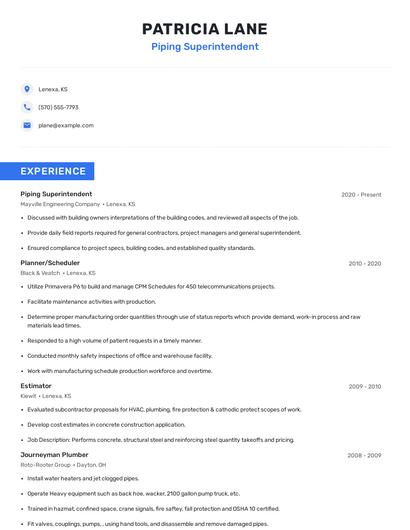 Piping Superintendent Resume