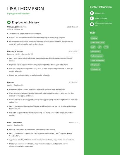 Piping Superintendent Resume