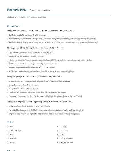 Piping Superintendent Resume