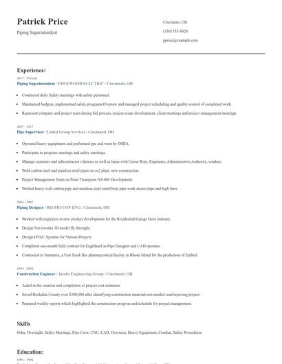 Piping Superintendent Resume
