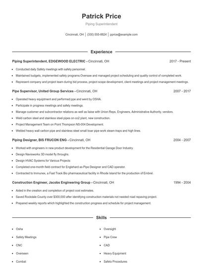 Piping Superintendent Resume