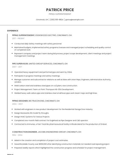 Piping Superintendent Resume