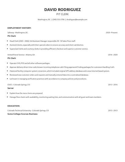 Pit Clerk Resume