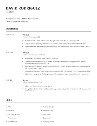 Pit Clerk Resume