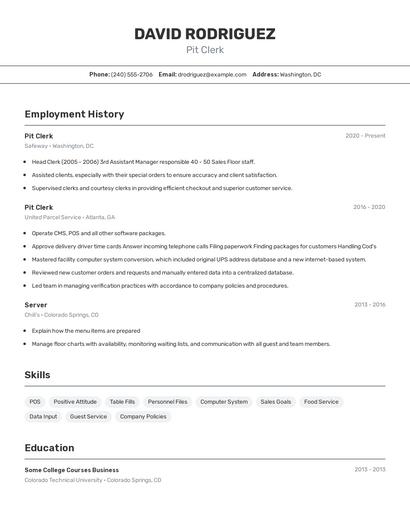 Pit Clerk Resume
