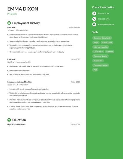 Pit Clerk Resume