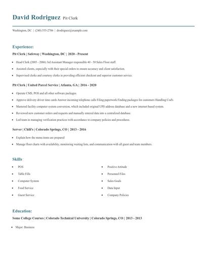 Pit Clerk Resume