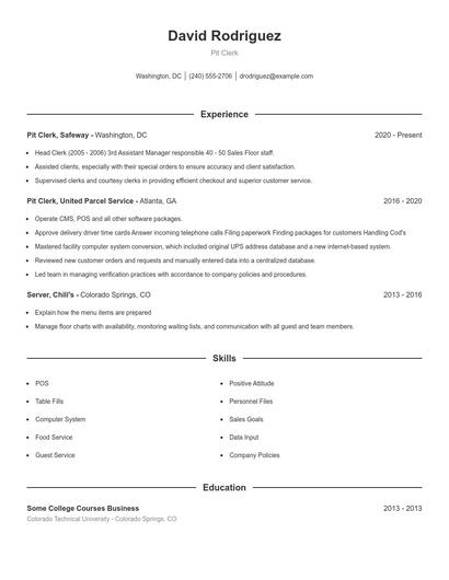 Pit Clerk Resume