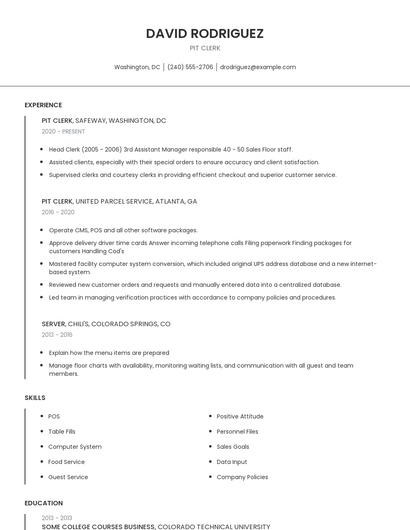 Pit Clerk Resume