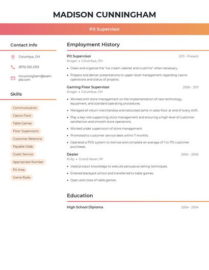 Pit Supervisor Resume