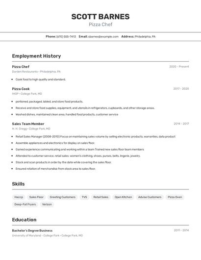 Pizza Chef Resume