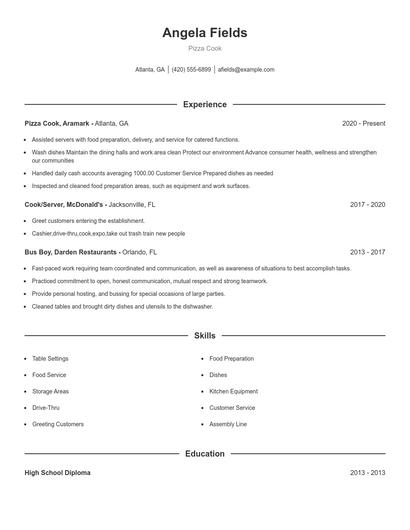 Pizza Cook Resume