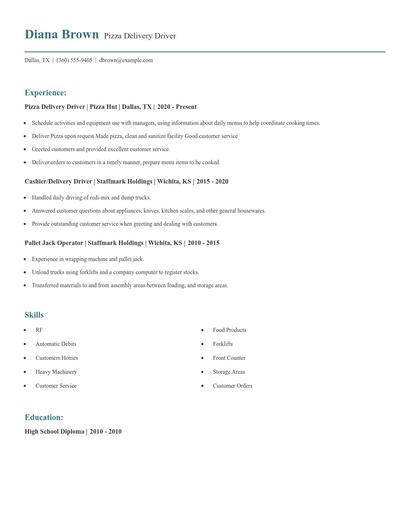 Pizza Delivery Driver Resume
