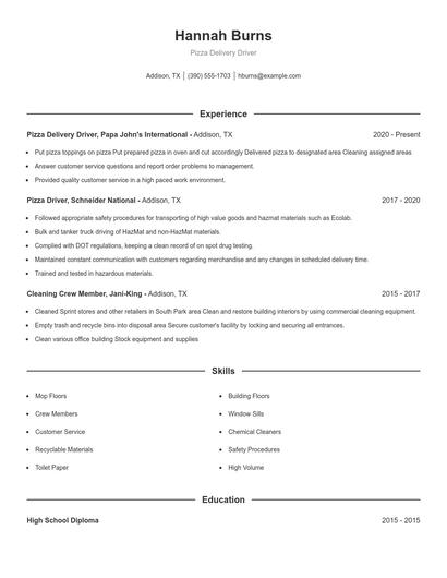 Pizza Delivery Driver Resume