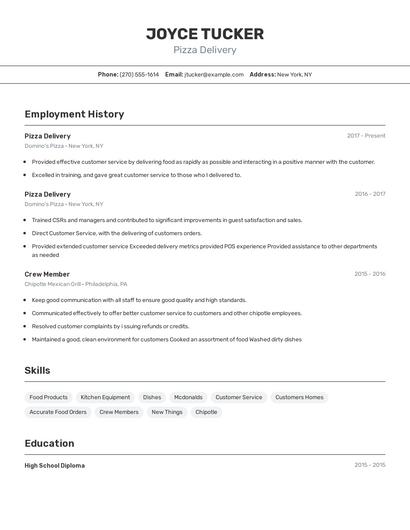 Pizza Delivery Resume