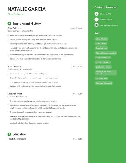 Pizza Delivery Resume