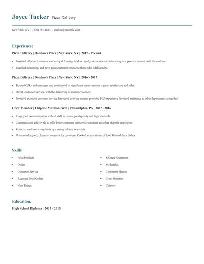 Pizza Delivery Resume