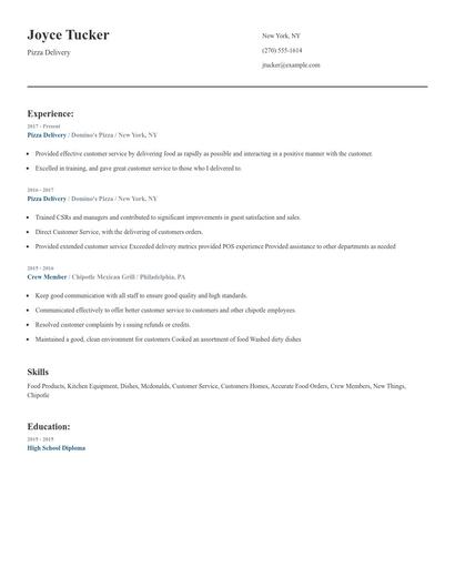 Pizza Delivery Resume