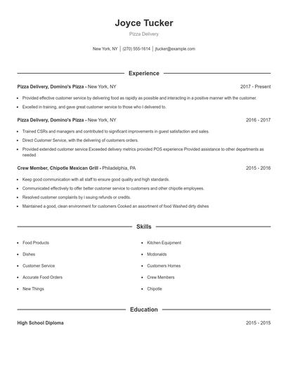 Pizza Delivery Resume