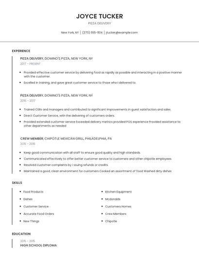 Pizza Delivery Resume