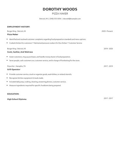 Pizza Maker Resume