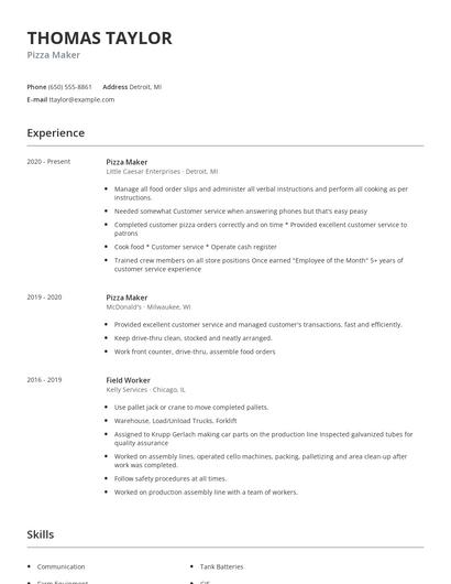Pizza Maker Resume