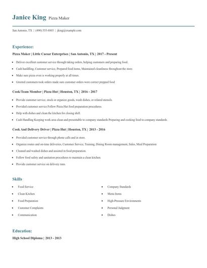 Pizza Maker Resume