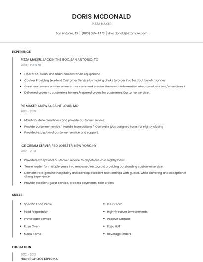 Pizza Maker Resume