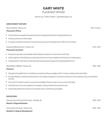 Placement Officer Resume