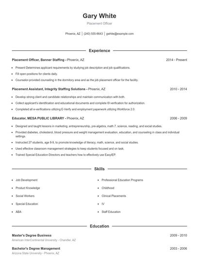 Placement Officer Resume