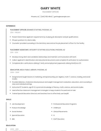 Placement Officer Resume